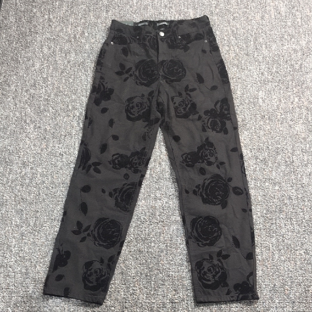 wild fable Black Floral Velvet-Print Straight Leg Jeans